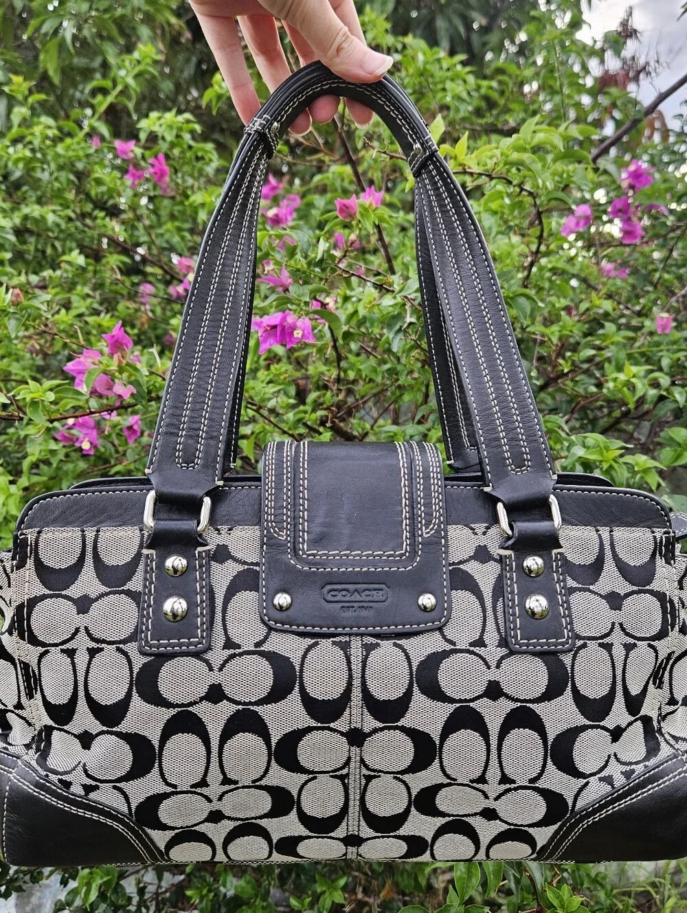 Coach Hampton Signature Carryall Satchel F13975 Black Gray Canvas Leather Turnlo